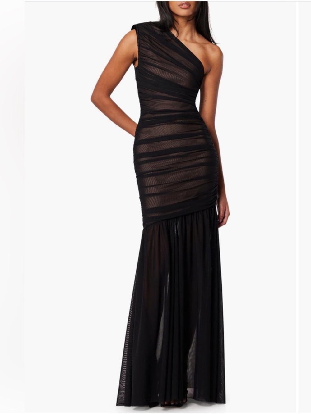 elliatt vienna black one shoulder ruched mesh maxi gown dress size small